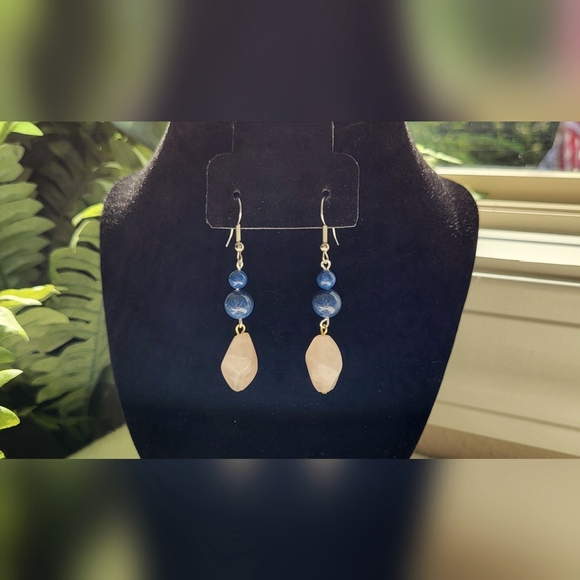 ARTISAN Milky Pink and Vibrant Blue Beaded Statement Dangle Earrings / Pierced - Picture 3 of 5